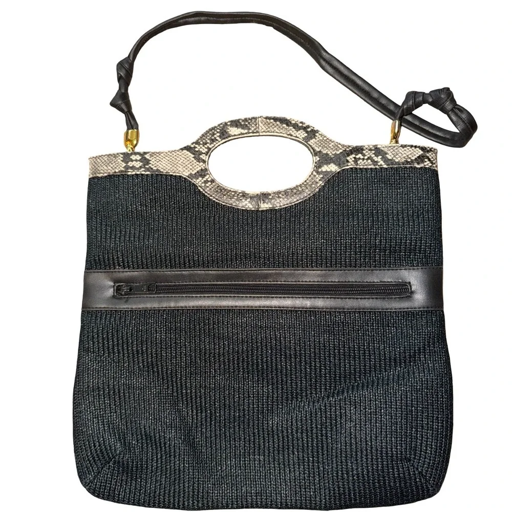 Due Fratelli Cut Out Handbag. Faux Snakeskin trip Purse Clutch. Black